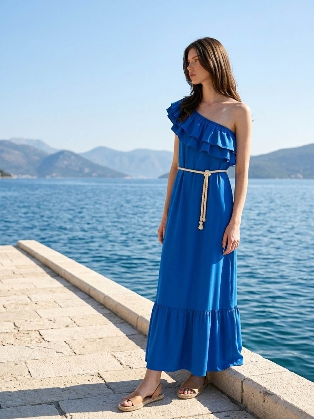 Amiani One-Shoulder Ruffle Maxi Dress in Cobalt Blue